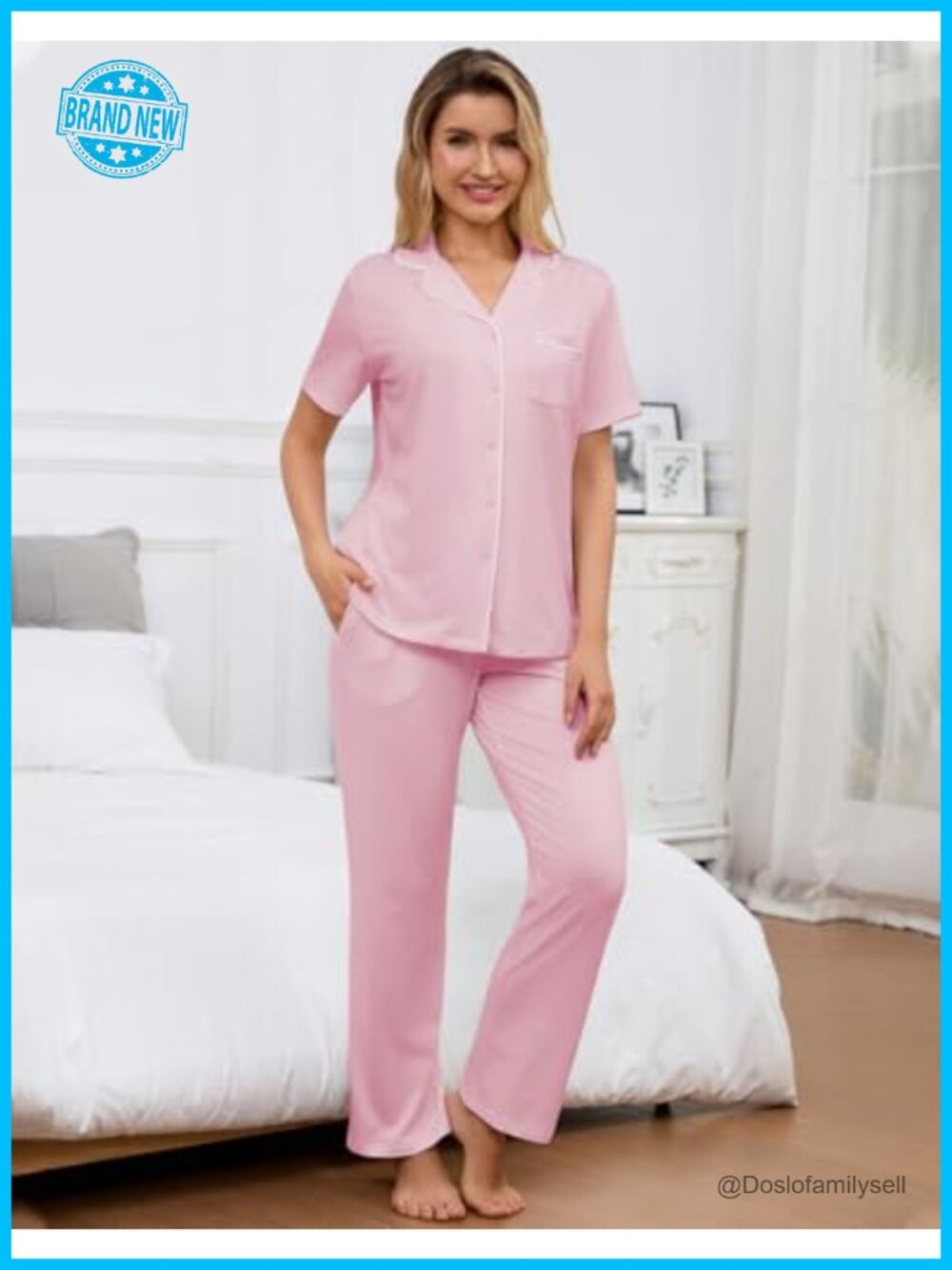4 Piece Soft Pajama Set Short Sleeve Button Down Top Pants Cami Ruffle Shorts - Picture 2 of 6